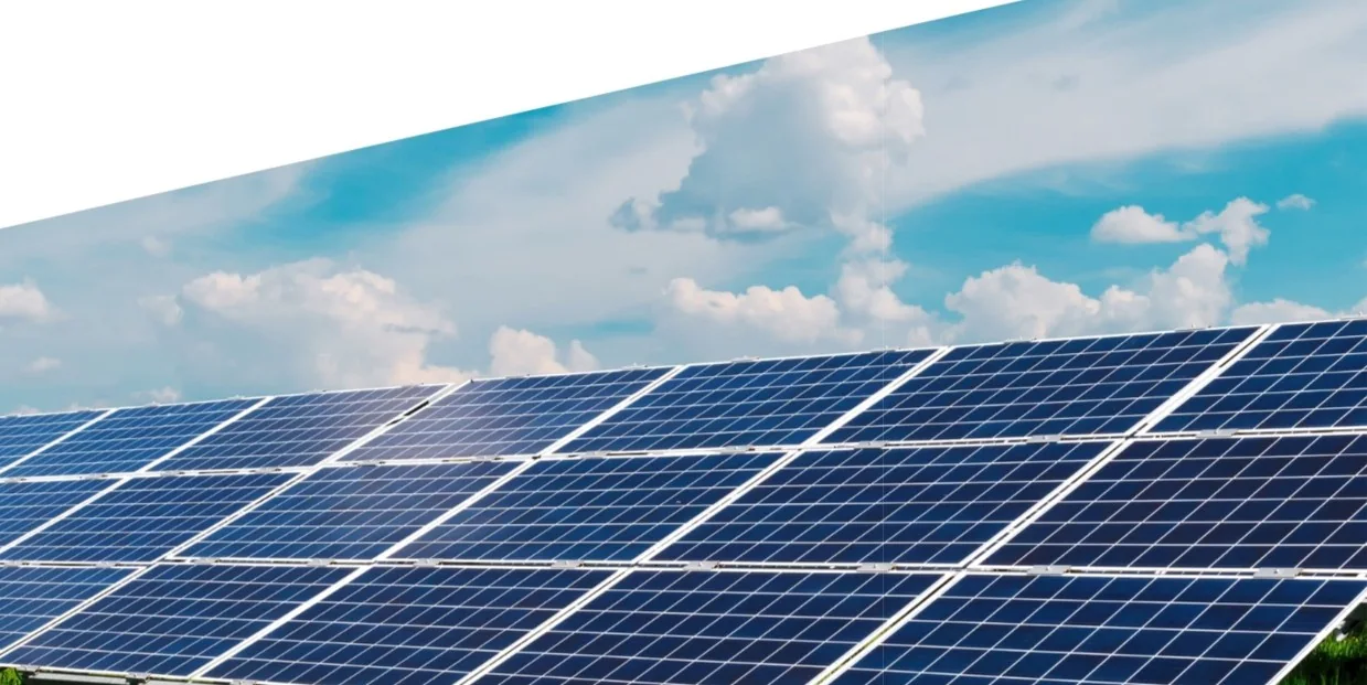 Solar photovoltaic panels under a bright sky